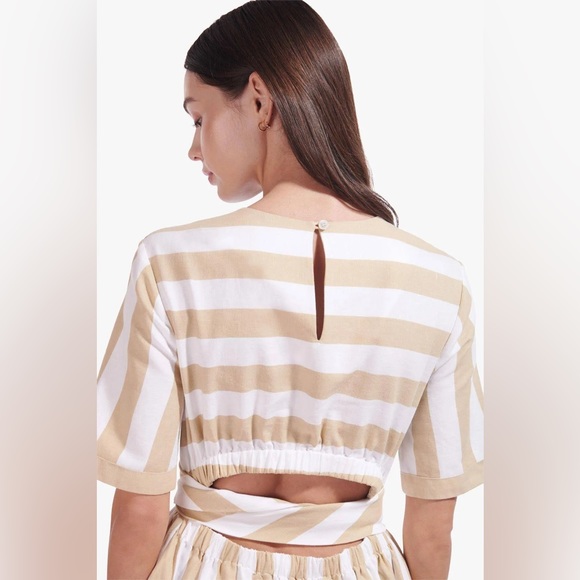 STAUD Hazelnut Stripe York Mini Dress With Pockets & Wrap Detail. Size XS. - Picture 5 of 16
